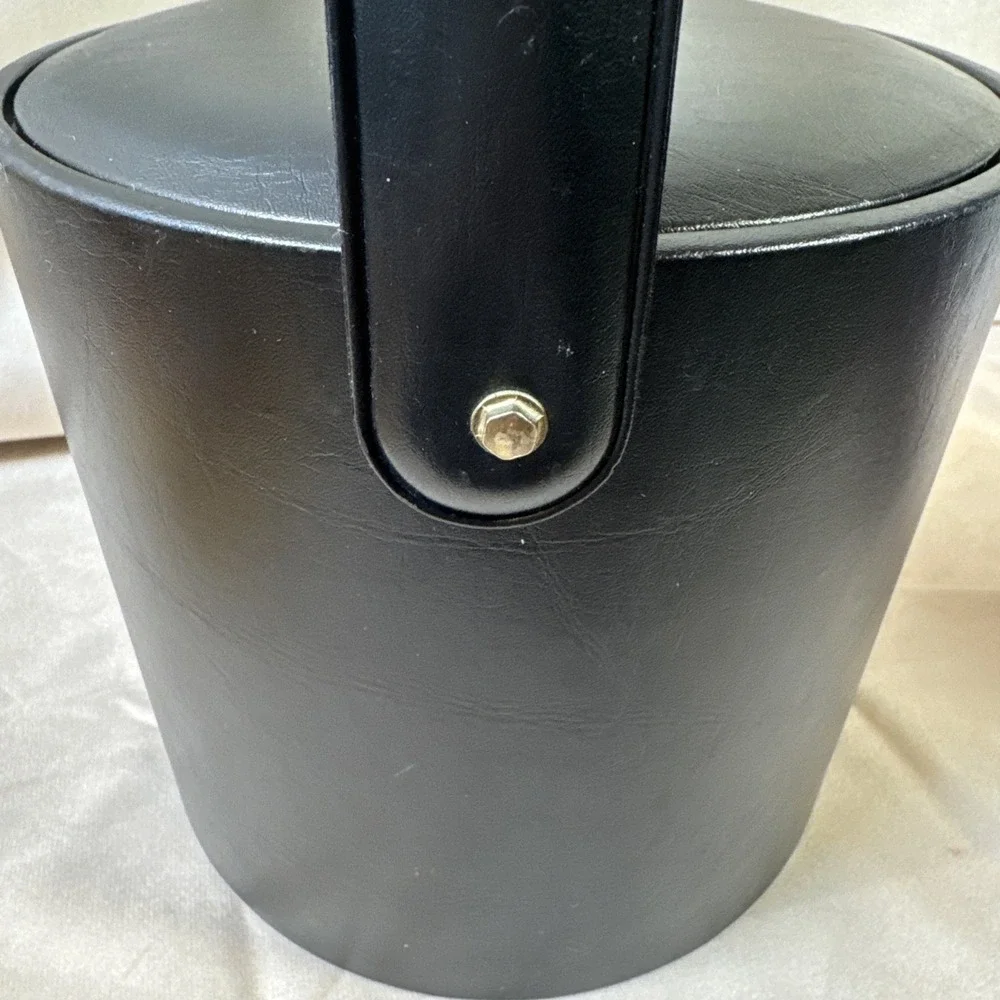Vintage Black Faux Leather Ice Bucket with Lid‎ and Handle Mid Century Barware